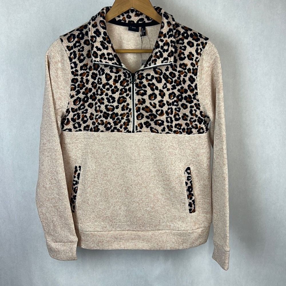 NEW Cruel Denim Cream & Leopard Half Zip Sweater Pullover Womens Sz Small Fleece